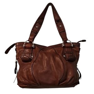 B. Makowsky Brown Leather Shoulder Bag Satchel Purse Leopard Print Lined Large